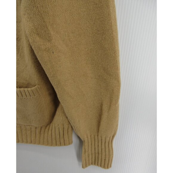 VINTAGE LL Bean Sweater Large 80s Lambswool Camel Leather Cardigan USA - Picture 3 of 14